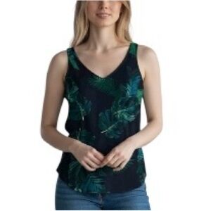 Old Navy Leafy Green and Navy Sleeveless Relaxed V-Neck Blouse Top S